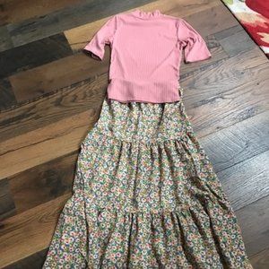 2 Piece Set- Pink Mock Turtleneck and Floral Skirt Bundle